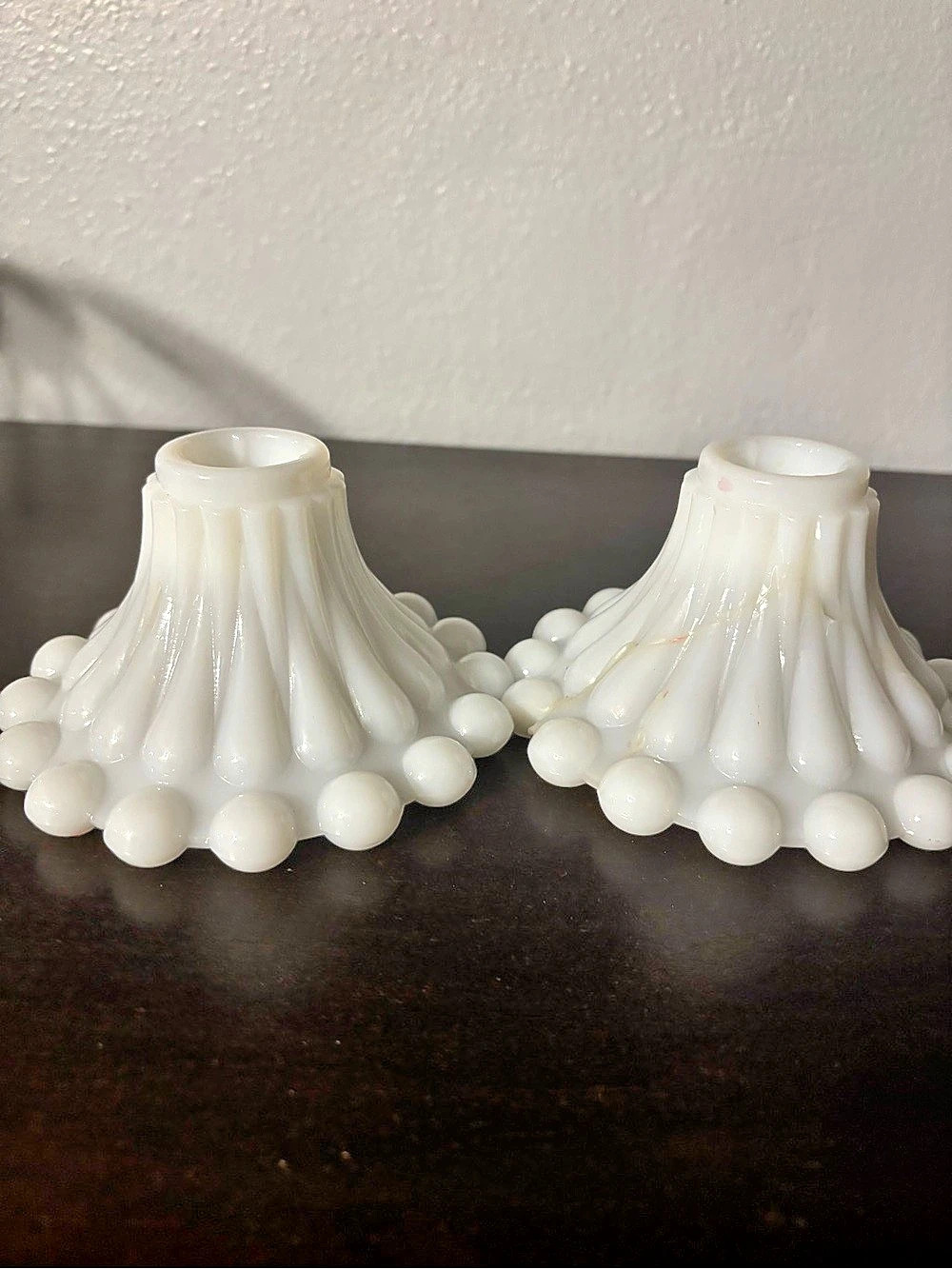 Fenton Hobnail Milk Glass Taper Candle Holder Pair